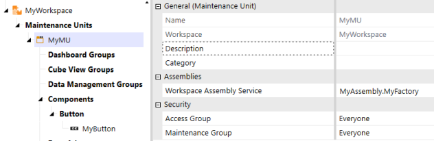 The MyMU Maintenance Unit propertes display and the Workspace Assemvly Service property value is MyAssembly.MyFactory